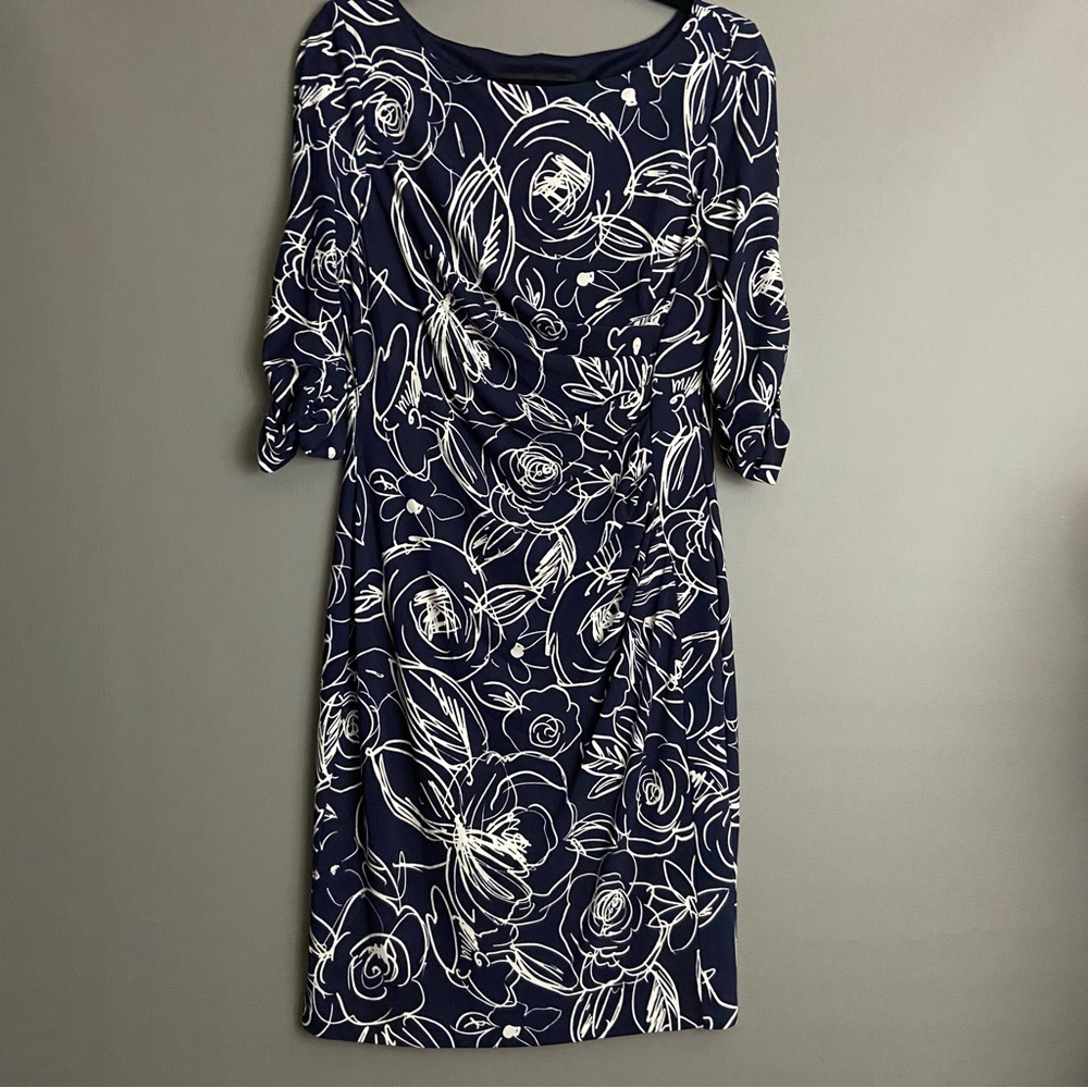 Karl Lagerfeld Paris Navy & White Floral Dress- 3/4 length sleeves-  Size 10